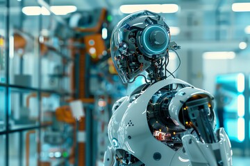 Fototapeta premium A futuristic robot stands in a high-tech factory, looking towards a blurred background of machinery.