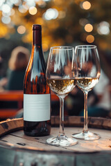 Naklejka premium A wine bottle and two glasses on a wooden barrel, set against a beautiful sunset with bokeh lights in the background. 