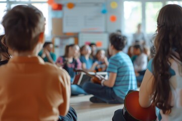 A group of young people sit in a circle, playing music together in a classroom.