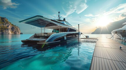 Fototapeta premium Luxury Solar-Powered Yacht Docked at Marina with Stunning Seascape Background for Sustainable Travel