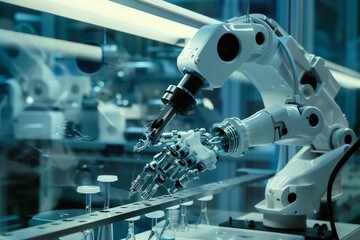 A robotic arm operates in a modern factory setting, showcasing automation in industrial production.