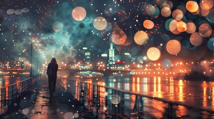 Obraz premium A solitary figure walks along a riverbank in a city lit by glowing lights and a starry sky. The scene is filled with a dreamlike and mystical atmosphere.