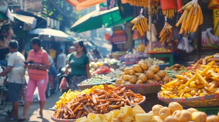 Fototapeta premium Colorful Street Food Market with Potato-Based Snacks, Fries, Wedges, and Stuffed Potatoes for Print, Card