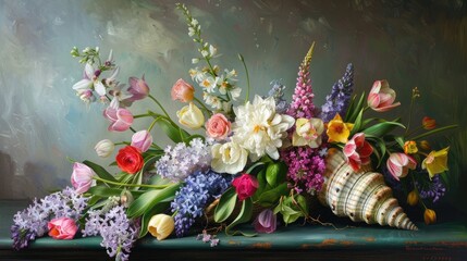 Bouquet Garden Flowers And Shell