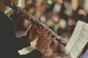 Fototapeta premium Close-up of a flutist's hands playing a flute during an orchestra performance.