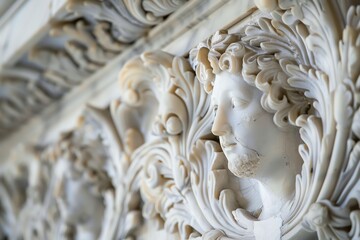 Close-up of an ornate marble sculpture with a human face surrounded by intricate floral motifs.