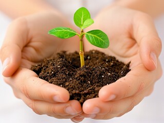 Medium shot of A pair of hands holding young plant, with green bokeh background and soil in the cupped palms.