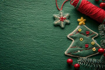 sewing a Christmas patch on green background