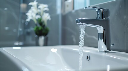 Modern bathroom sink with chrome faucet running water.