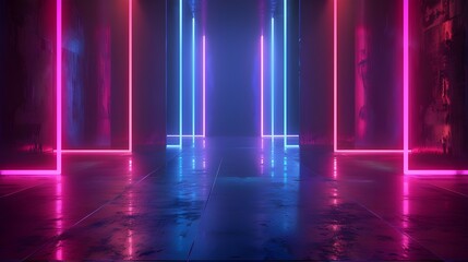 Futuristic technology neon light background, empty space with reflection light on floor scene, internet data network connection, abstract virtual reality, 3D render.