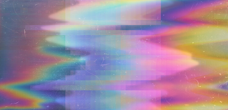 Abstract background with datamoshing effect and holographic pixelated glitches. Concept of bug in program or video decay.
