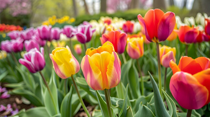 Obraz premium Colorful Tulips in a Garden, Close-up Photo