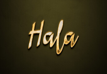 Old gold text effect of name Hala with 3D glossy style Mockup.