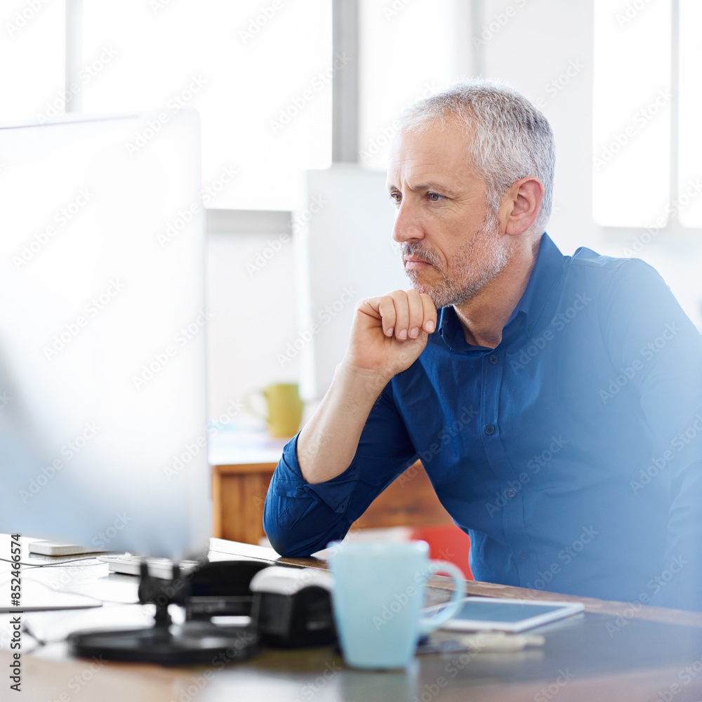 Aufkleber Mature, thinking or man on computer for solution, problem solving or online project troubleshooting. Startup, engineering update or serious web developer reading information technology system on pc
