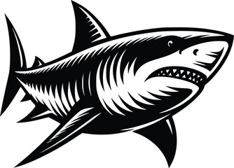 Naklejka premium modern and simple shark silhouette, a negatively spaced shark in black color icon vector temple, export wild shark 