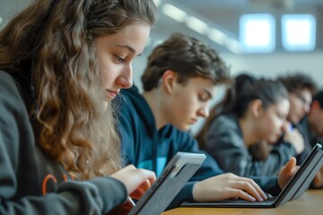 Students using laptops in a classroom setting, focused on their studies.