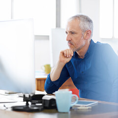 Mature, thinking or man on computer for solution, problem solving or online project...