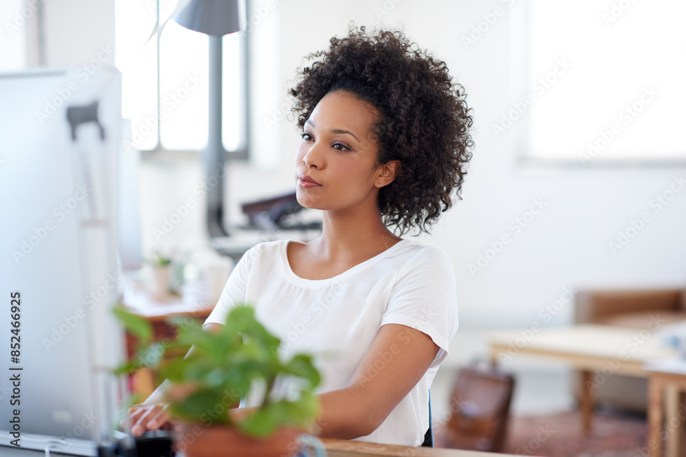 Poster startup, web designer or african woman on computer for digital project development or problem solvin