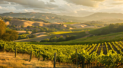 Naklejka premium Vineyard Landscape in Golden Sunset Light - Photo