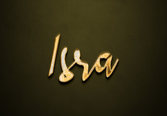 Old gold text effect of name Isra with 3D glossy style Mockup.