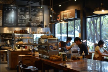 Trendy Urban Café with Modern Interior and Stylish Crowd Enjoying Potato-Based Brunch Menu
