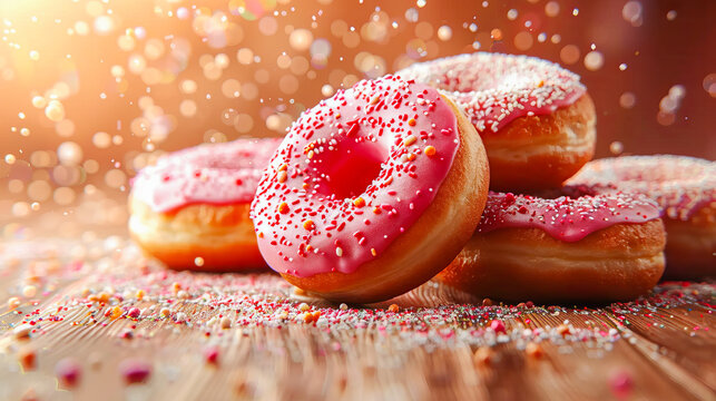 Delicious donuts covered in pink frosting celebrating national donut day - Powered by Adobe