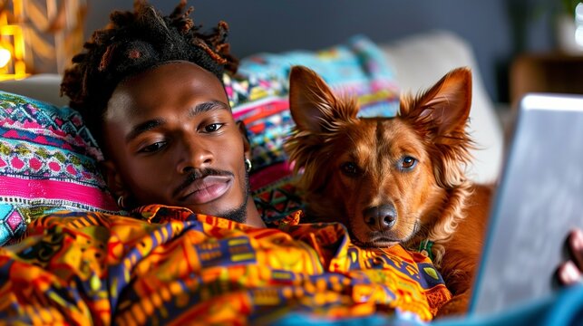young man working on a tablet, sitting on a couch with a pet nearby