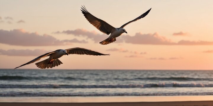 Photo capturing two seagulls flying parallel to each other over a beach, with the setting sun casting a warm glow