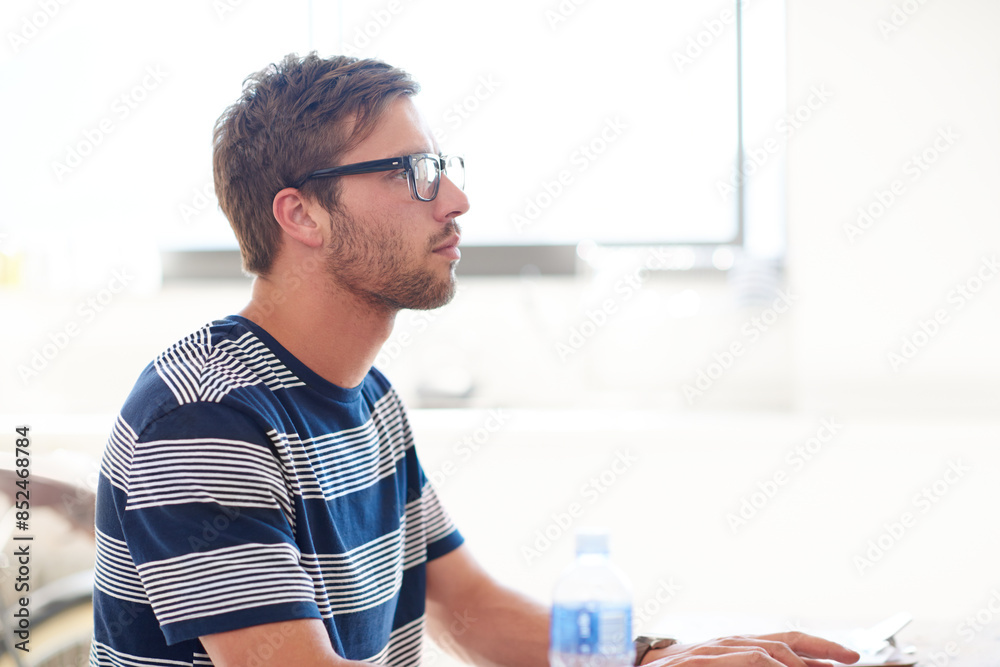 Poster Glasses, web developer or man on computer for information technology or problem solving online. Creative technician, programming upgrade or research for troubleshooting for solution in bright startup