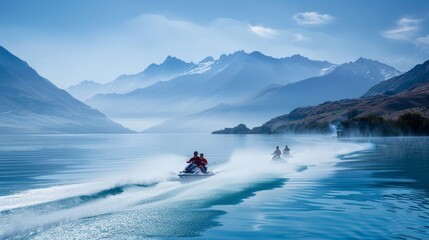 Thrilling Jet Ski Adventure on a Pristine Blue Lake with Mountain Views, Ideal for Summer Fun