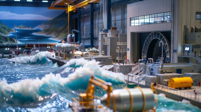 Expansive Tidal Energy Research Facility with Scientists and Oceanic Backdrop for Renewable Energy Projects