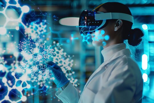 A scientist wearing VR headset interacts with a digital molecular structure.