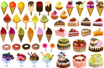 Vector set of desserts and ice cream.Big vector set of desserts and ice cream on a transparent background.