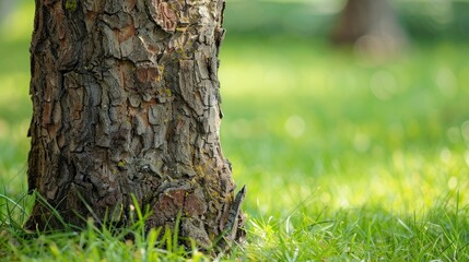 Obraz premium Close up of a plum tree trunk against a backdrop of green grass