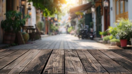Fototapeta premium Empty Wooden Table Space Platform with Blurred Restaurant or Coffee Shop Background for Product Display Montage, Ideal for Showcasing Food and Beverages