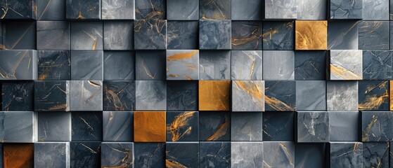 Abstract Geometric dark Marble Cube Wall with Gold Accents, Abstract art of Natural Stone Wall background, Minimal, 3D, polished blocks, Luxury Background, Architectural pattern