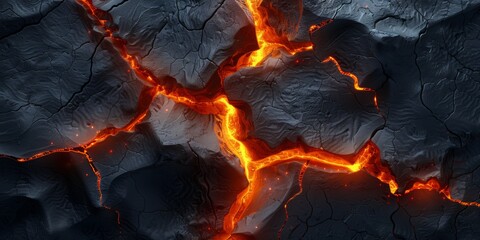 a cave wall made of dark rough stone, there are cracks that start small at the bottom and grow larger as they move up the image, hot lava glows through the cracks