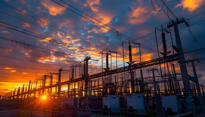 Electric Power Lines. Electric Power Transmission Lines at Sunset