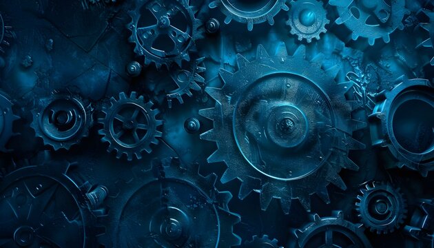 An industrial background made of old metal cogs with a blue tone