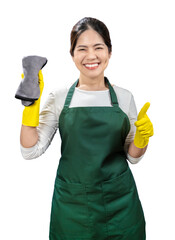 Asian housekeeper wear gloves apron isolated on white
