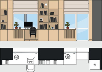 Children's room, wall layout. interior furniture in the front view. Design of the office, sweep wall. Vector illustrator