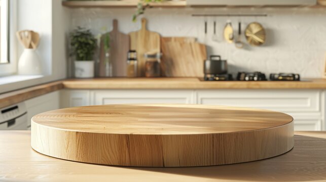 Polished Round Wooden Tabletop in Bright Clean Kitchen Interior, Ideal for Product Displays. Minimalist and Modern Design, Featuring a Spotless, Well-Lit Space with Natural Light and Pristine Surfaces
