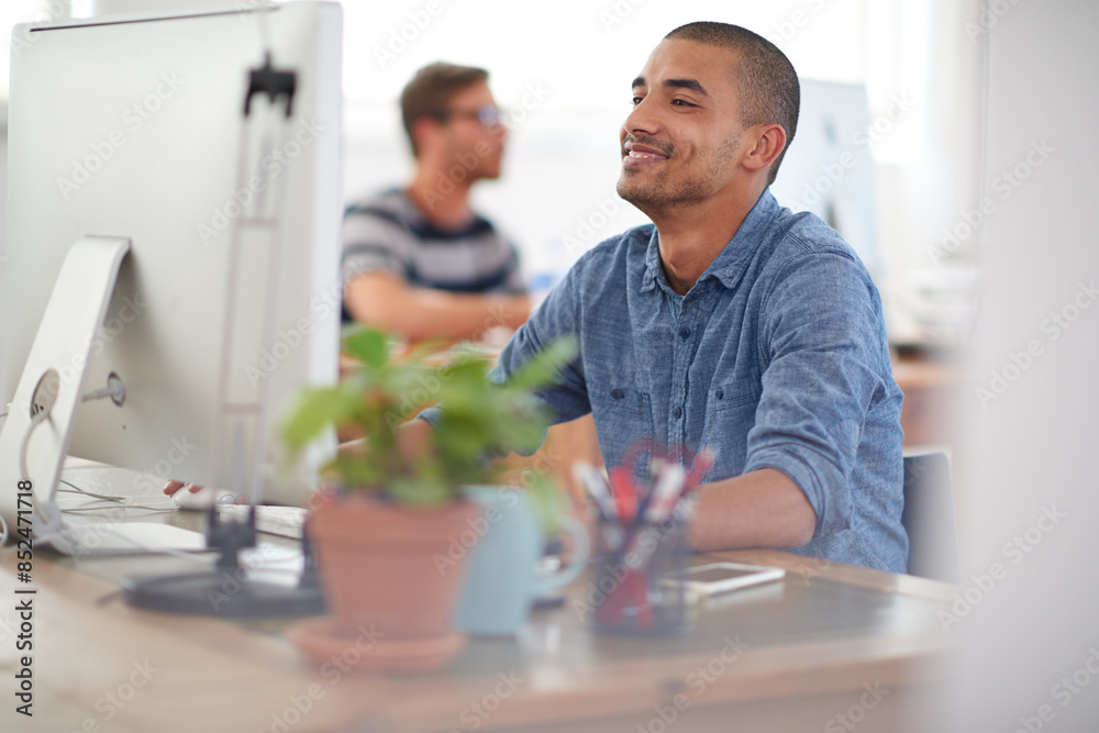 Aufkleber Startup, solution or happy man on computer for information technology, problem solving or online firewall. Creative technician, programming upgrade or web developer reading troubleshooting update