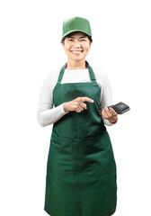 Asian seller wear green apron and green cap smiling with card reader isolated on white