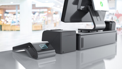 Point of sale system or cash register machine focus on credit card reader
