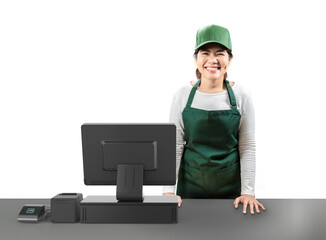 Active asian seller wear green uniform smiling with point of sale terminal or cashier desk