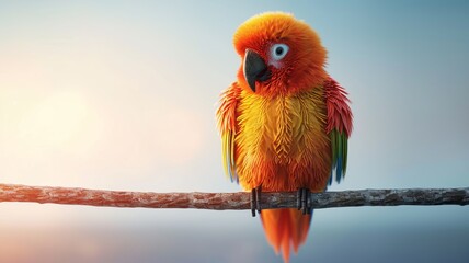 An adorable 3D parrot perched on a branch, animal element, illustration, colorful, isolated on white background,