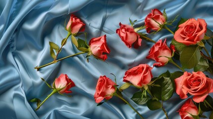 Close up image of roses arranged on blue satin