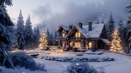 Naklejka premium Snowy Log Cabin in a Winter Wonderland 3D Illustration