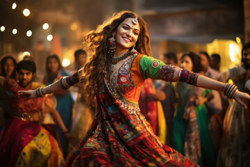 Young indian woman perform traditional garba dance in navratri festival
